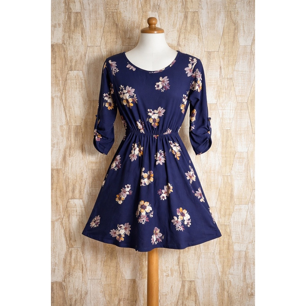 French Grey Floral Navy Blue Fit and Flare Dress Petite Medium